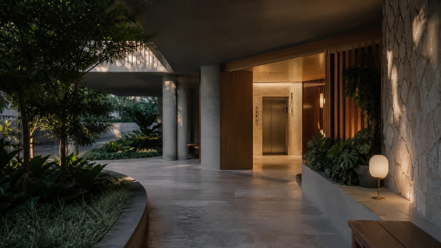 Entrada de um condomínio contemporâneo ao amanhecer
