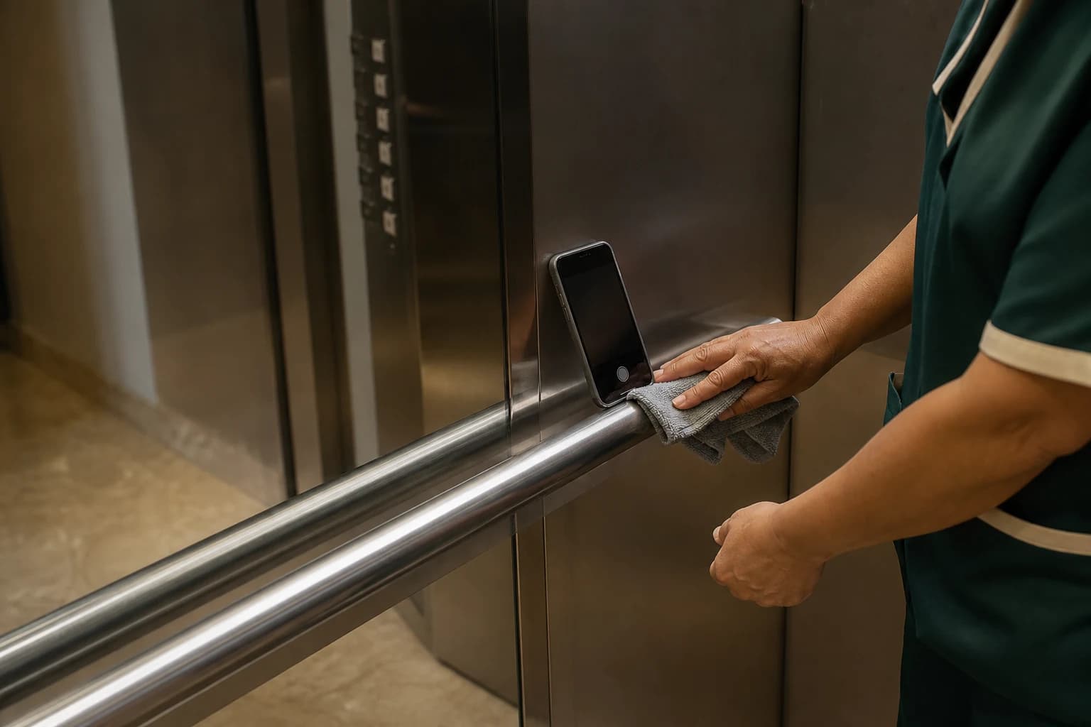 Profissional realizando a limpeza do interior de um elevador